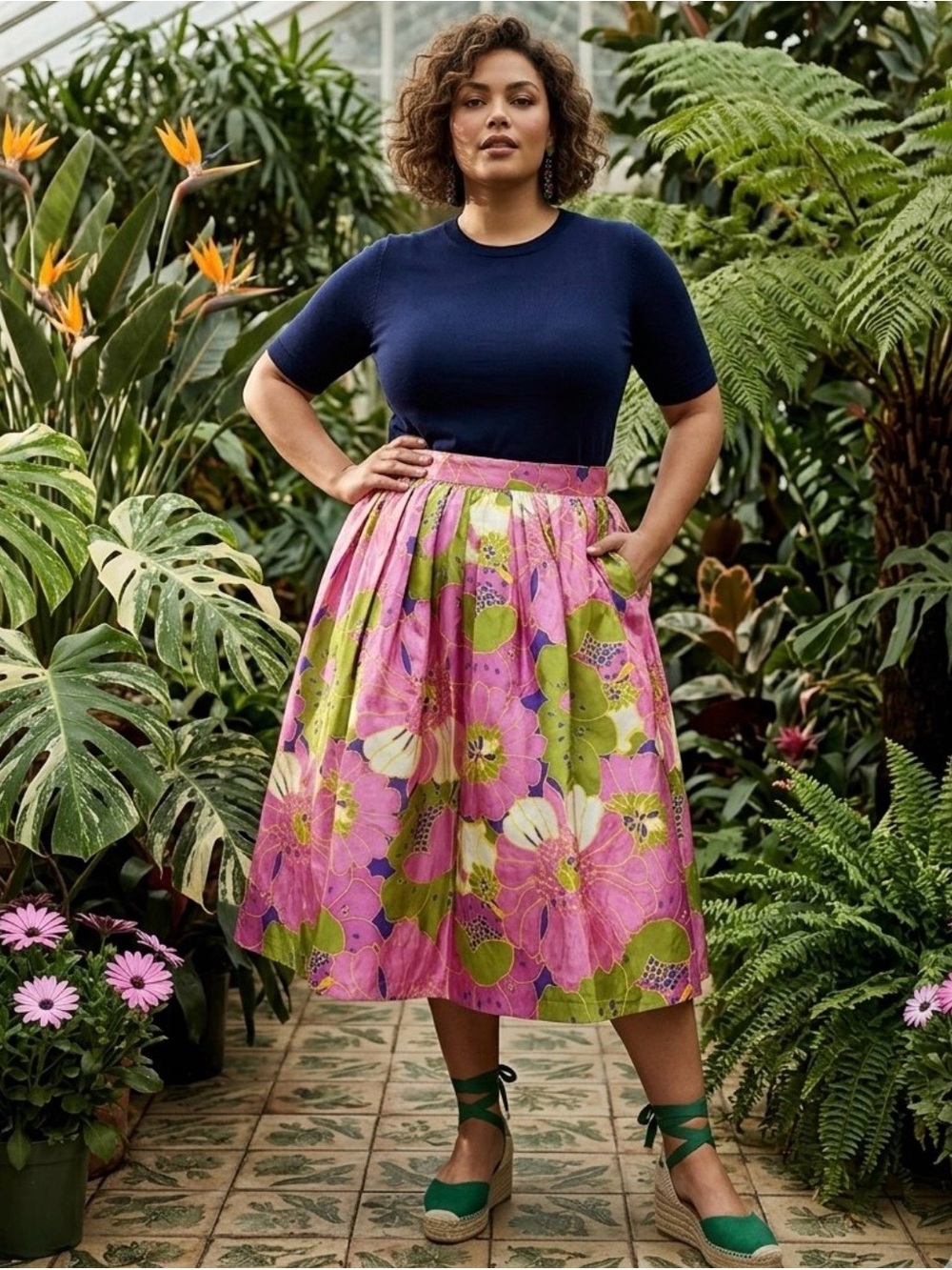Frances Valentine African Daisy Barbara Skirt NWT 1XL Pink Green Pleated Pocket